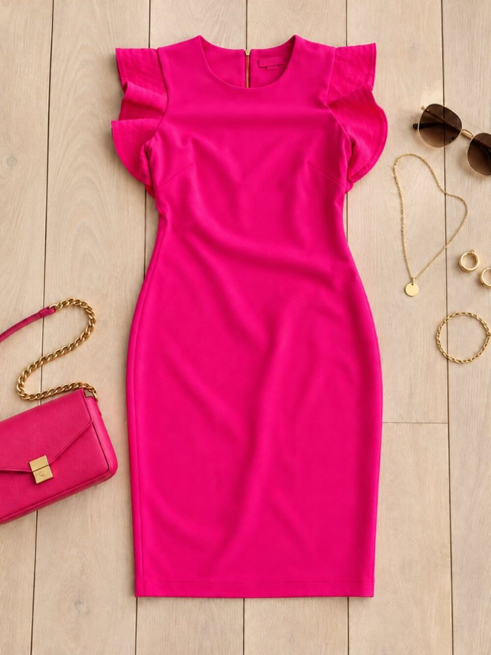 ✨Calvin Klein Hot Pink Ruffle Sleeve Exposed Gold Zip Sheath Dress 8✨